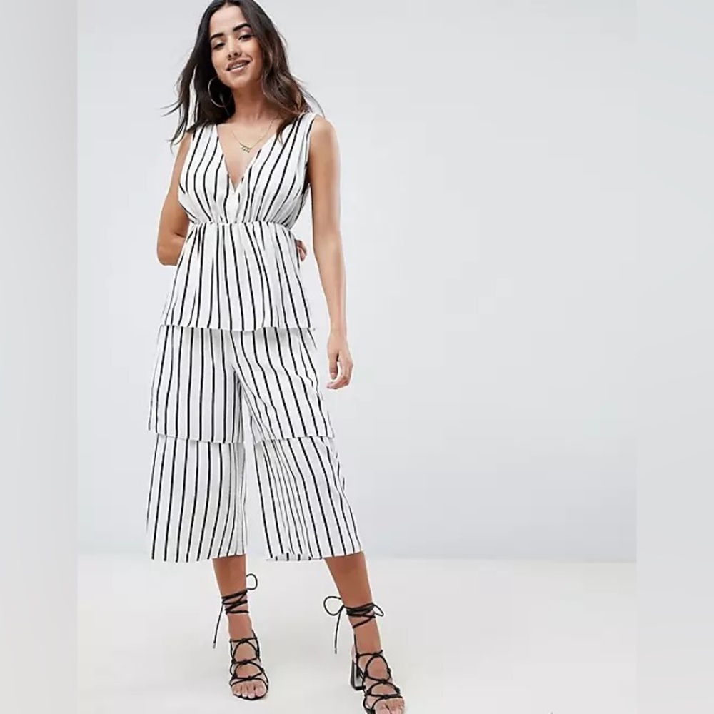 ASOS DESIGN Stripe Tiered Leg Jumpsuit | Black and white